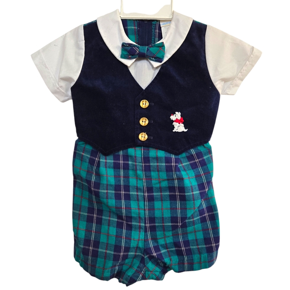 Vintage Mothercare One Piece Size 2T Outfit Bowtie Plaid Scotty Dog Velvet Vest